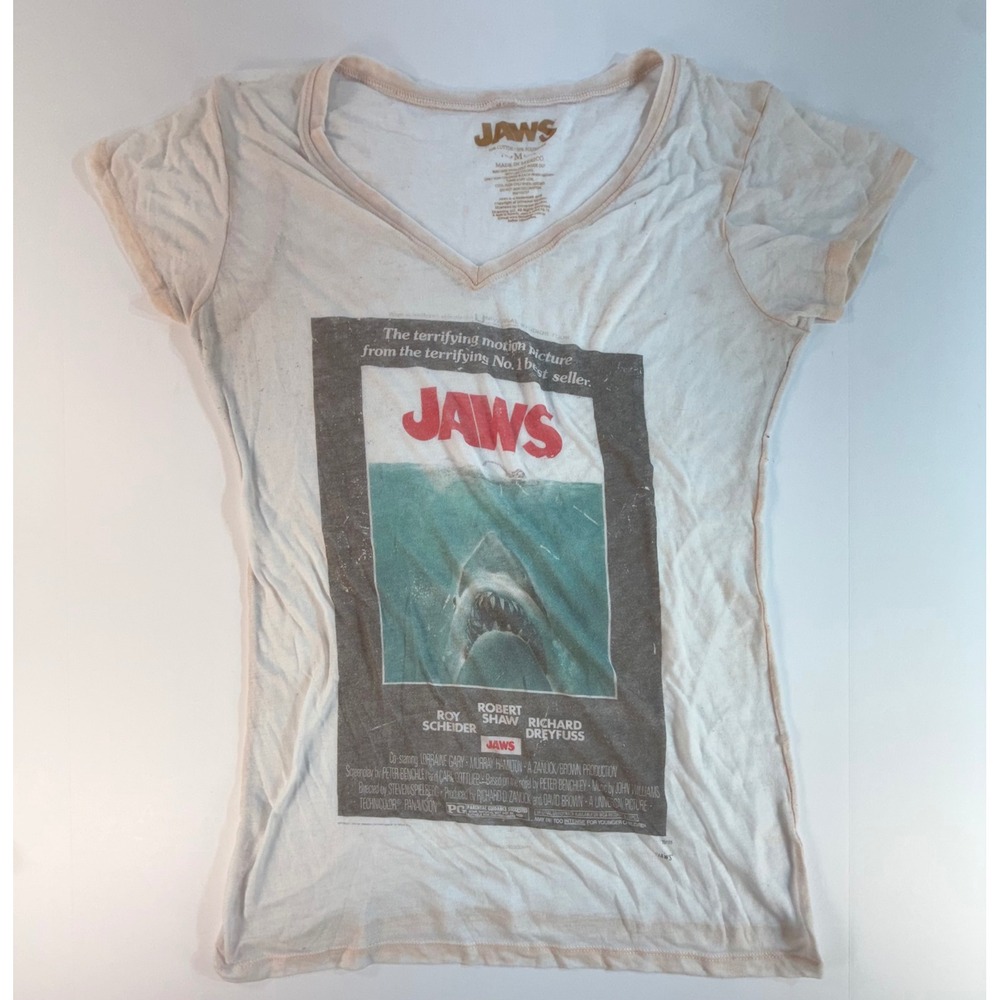 Jaws Movie Poster Graphic V-Neck T-Shirt White Womens Medium Universal Studios